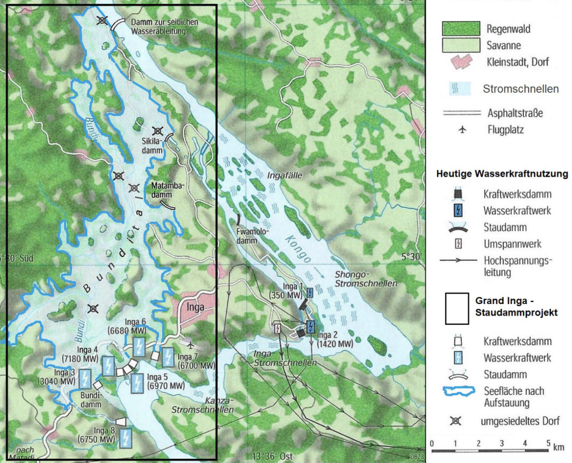 Karte des Grand-Inga-Staudammprojekts mit geplanten Wasserkraftwerken und Überschwemmungsflächen am Kongo.